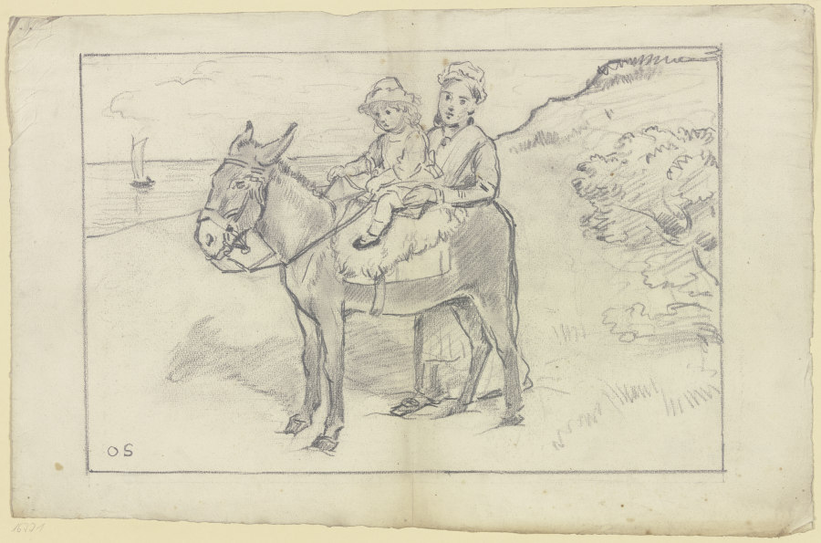 Mutter mit Kind auf Esel am Strand od Otto Scholderer