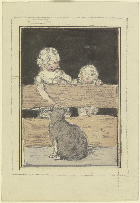 Zwei Kinder am Zaun mit einer Katze od Otto Scholderer