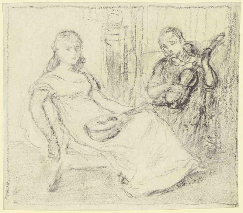 Zwei Mädchen mit Streich- und Zupfinstrumenten od Otto Scholderer