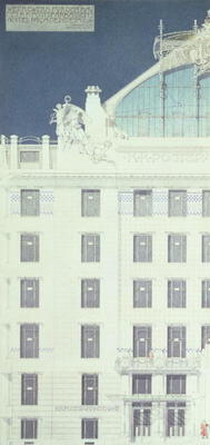 Post Office Savings Bank, Vienna, design showing detail of the facade, c.1904-06 (coloured pencil) od Otto Wagner