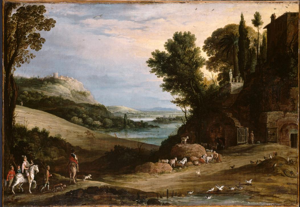 An Italianate Landscape with a Hawking Party Approaching a Villa od Paul Bril