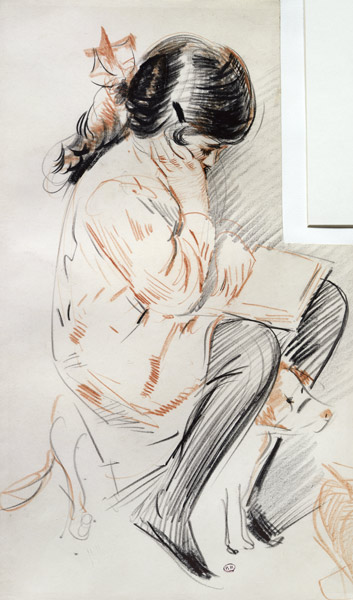 Paulette Reading Sitting on her Toy Dog (coloured pencil on paper) od Paul Cesar Helleu