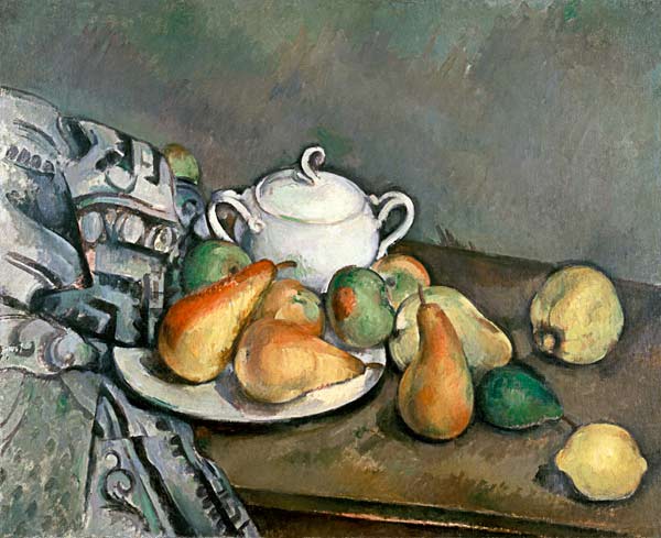 Sugar bowl,apples a.cloth od Paul Cézanne