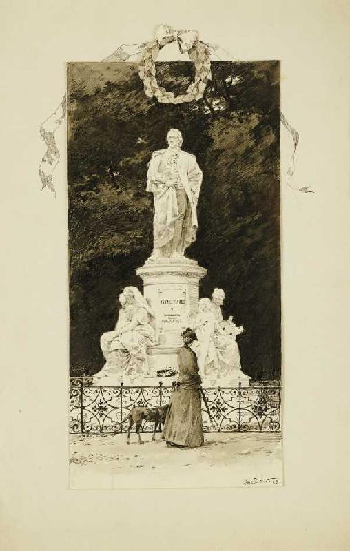 Elegante Dame vor einem Goethe-Denkmal od Paul Fischer
