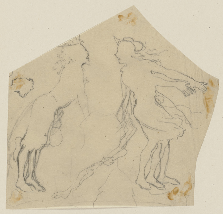 Der Löwe sowie Francis Flute als Thisbe (?) mit Hut und vom Wind bewegtem Rock, stehend, nach rechts od Paul Konewka