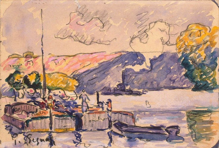 Two Barges, Boat, and Tugboat in Samois od Paul Signac