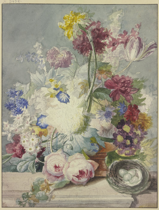 Blumenstrauß, dabei ein Vogelnest mit Eiern od Paul Theodor van Brussel