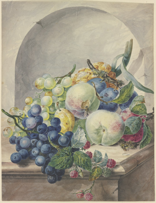 Fruchtstück in einer Nische auf einem Marmortische, Pflaumen, Pfirsiche, Trauben und Brombeeren od Paul Theodor van Brussel