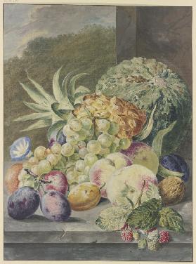 Fruchtstück, Melone, Ananas, Trauben, Pfirsiche, Pflaumen, Nüsse