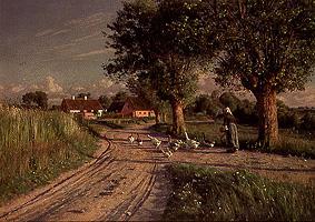 Farmer with geese on the evening way home od Peder Moensted