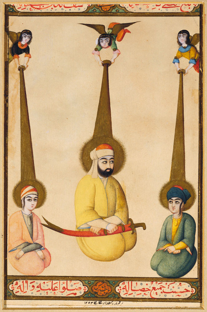 The first three Shiite Imams: Ali with his sons Hasan and Husayn, illustration from a Qajar manuscri od Persian School