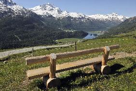 Unbesetzte Holzbank über St. Moritz