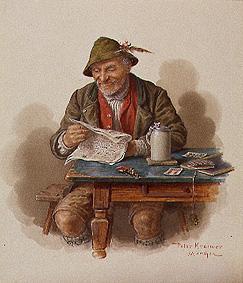 Age smallholder in a red waistcoat at the Zeitunglesen od Peter Krämer