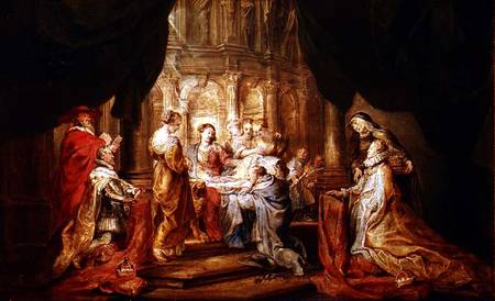 Mary Giving Ildefonso, Archbishop of Toledo the Vestment, with the Arch Duke Albrecht VII and his Pa od Peter Paul Rubens