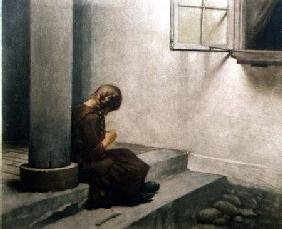 Girl Sitting on the Steps (coloured mezzotint)