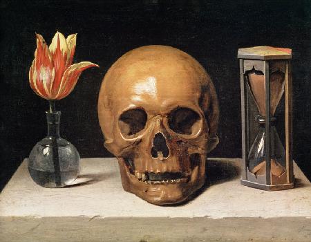 Vanitas Still Life with a Tulip, Skull and Hour-Glass