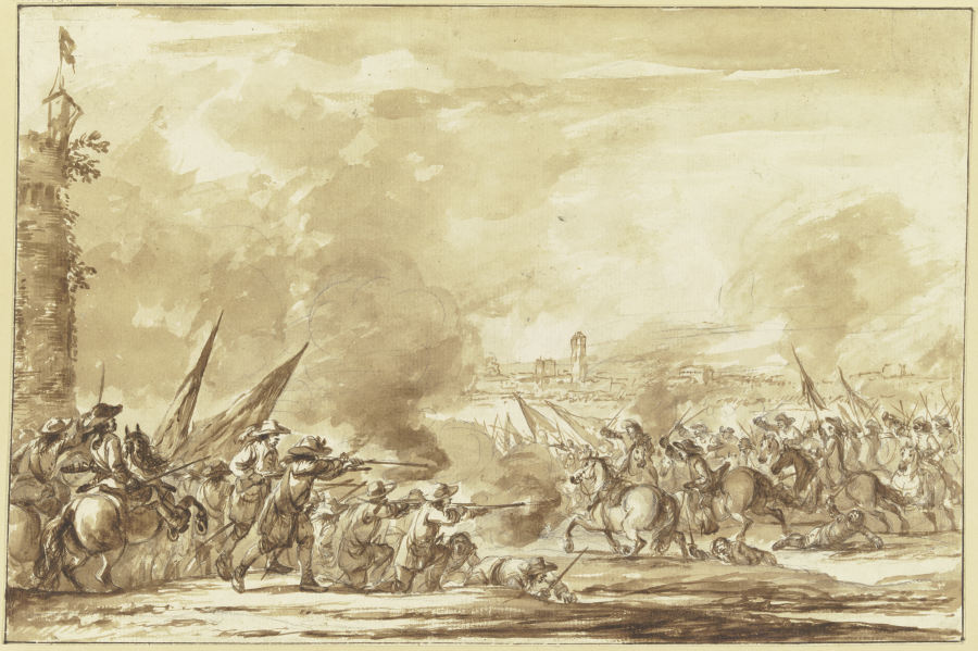Reiterangriff auf Infanterie vor den Toren einer Stadt od Philippe-Jacques de Loutherbourg d. J.