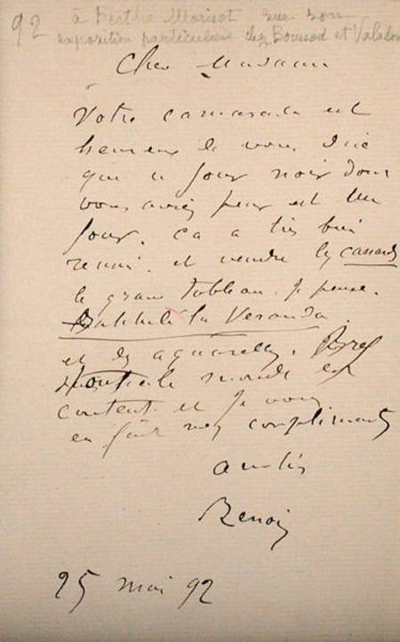 Letter from Renoir to Berthe Morisot (1841-95) regarding her first exhibition od Pierre-Auguste Renoir