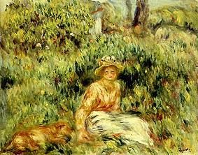 Girl with dog in front of a blossoming hedge od Pierre-Auguste Renoir