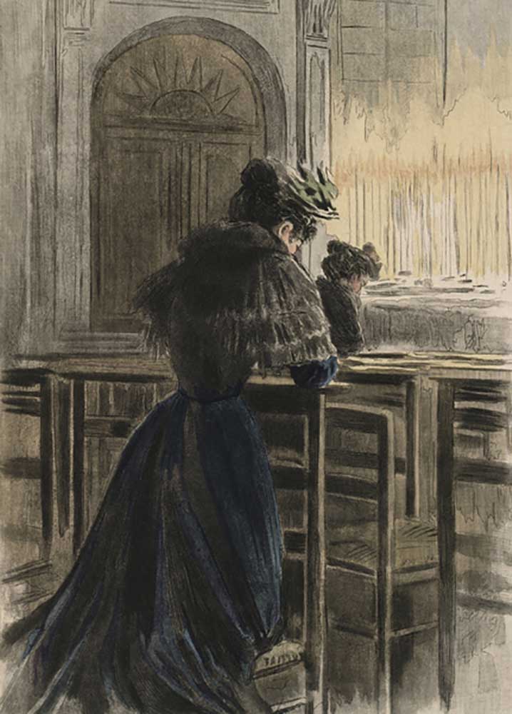 Devotions at church, illustration from La Femme a Paris by Octave Uzanne (1851-1931) 1894 od Pierre Vidal