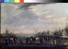 Winter landscape with skaters