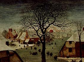 The national census to Bethlehem. Detail on the left above (treetop and red sun) od Pieter Brueghel d. Ä.