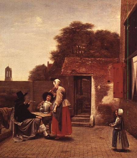 Two Soldiers and a Woman Drinking in a Courtyard od Pieter de Hooch