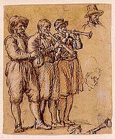 Three musicians with bagpipes and playing the shawm od Pieter de Witte