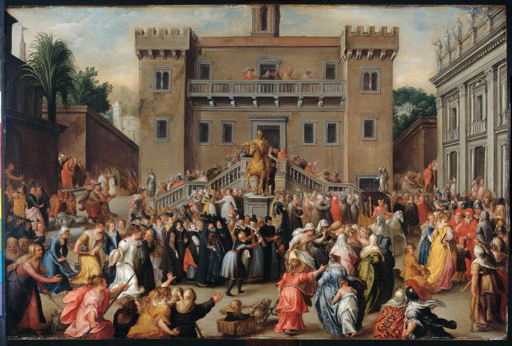 The inertia of the Roman women at the Capitol in Rome after the occurrence of the small Papirius od Pieter Isaacsz