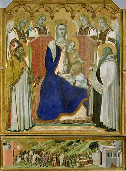 The Carmine Altarpiece, central panel depicting the Virgin and Child with angels, St. Nicholas and t od Pietro Lorenzetti