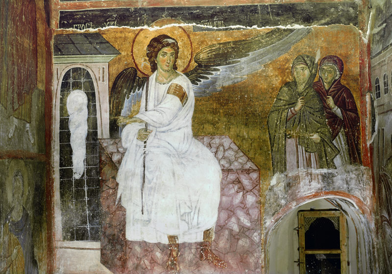 Engel am Grab Christi - Der weiße Engel am leeren Grab Christi und die Myrrhenträgerinnen (Myrrhopho od Prag Unbekannter Maler