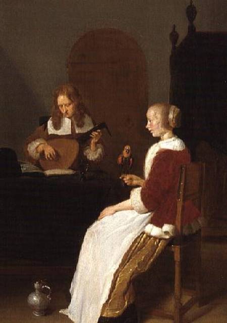 An interior with a lute player and a woman holding a parrot od Quiringh Gerritsz. van Brekelenkam