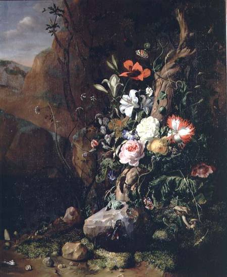 Treetrunk, flowers and butterflies od Rachel Ruysch