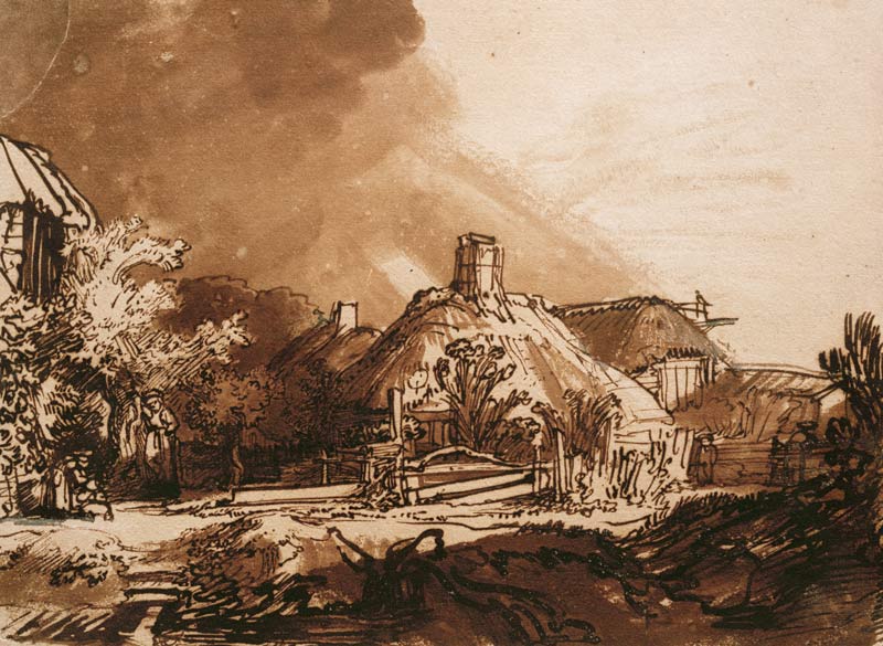 Cottages under a Stormy Sky od Rembrandt van Rijn