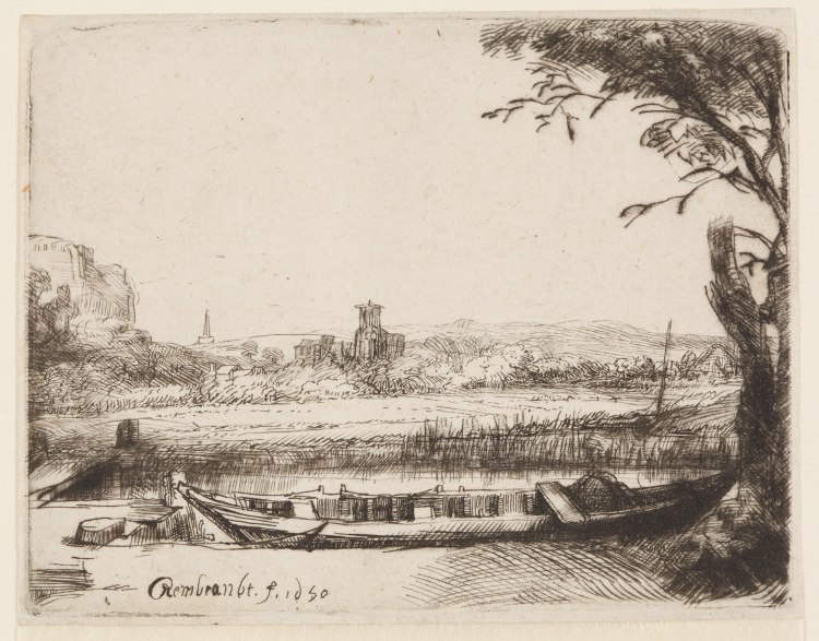 Casnal with a large boat and a Bridge od Rembrandt van Rijn