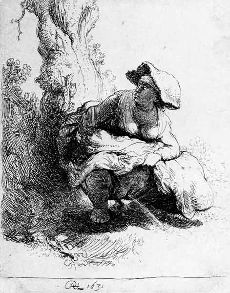 Frau uriniert an einen Baum od Rembrandt van Rijn
