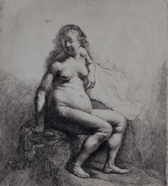 Nakte Frau auf einem Erhügel sitzend od Rembrandt van Rijn