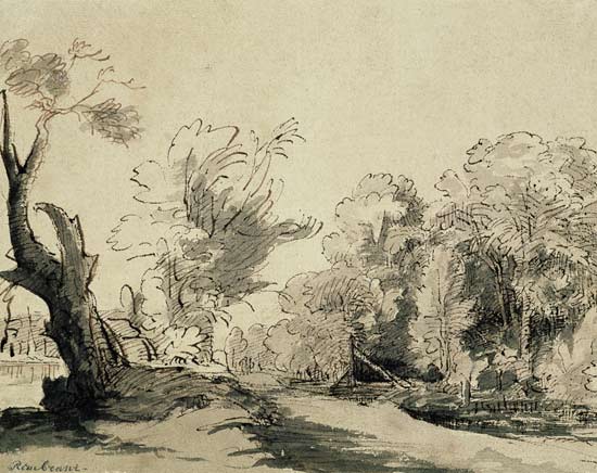 Landscape with a path, an almost dead tree on the left and a footbridge leading to a farm on the rig od Rembrandt van Rijn