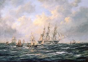 Convoy of East Indiamen amid Fishing Boats