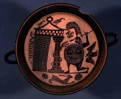 Laconian black-figure cup depicting a warrior attacking a snake, 6th century BC (pottery) od Rider Painter