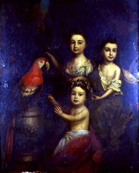 Portrait of Three Children with a Macaw od Robert Byng or Bing