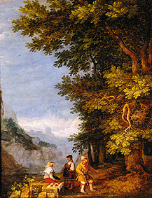 Mountains landscape with a fruit seller od Roelant Jakobsz Savery