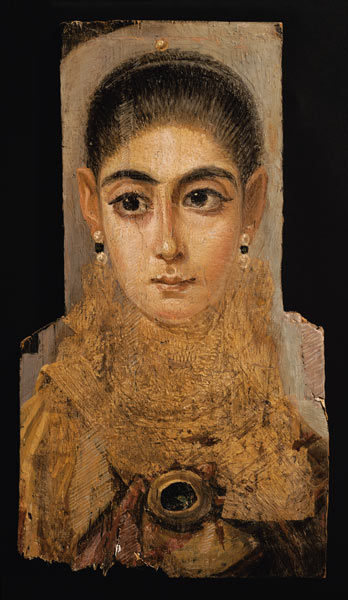 Portrait of a woman wearing a gold pectoral, tomb decoration, from Fayum, 120-130 AD (encaustic wax od Roman Period Egyptian