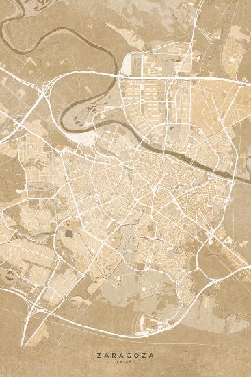 Map of Zaragoza (Spain) in sepia vintage style