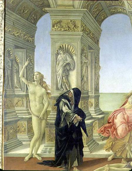 The Calumny of Apelles; detail showing the naked figure of Truth pointing to heaven and Penitence cl od Sandro Botticelli