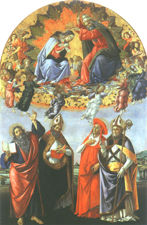 Coronation of Maria with the saints Johannes of the evangelist, Augustinus, Hieronymus and Eligius od Sandro Botticelli