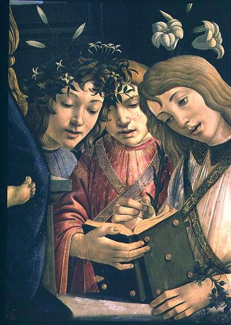 Madonna and child with the young St. John the Baptist and angels: detail showing three angels od Sandro Botticelli