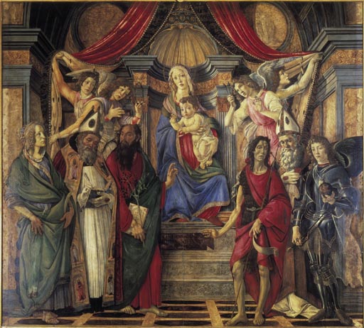 Thronende Madonna mit dem Kinde, Engeln und den Heiligen Katharina von Alexandrien, Augustinus, Barn od Sandro Botticelli