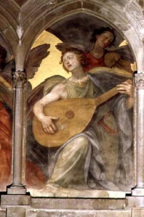 Musical angel within a trompe l'oeil cloister, detail of an angel playing a mandolin, from the inter