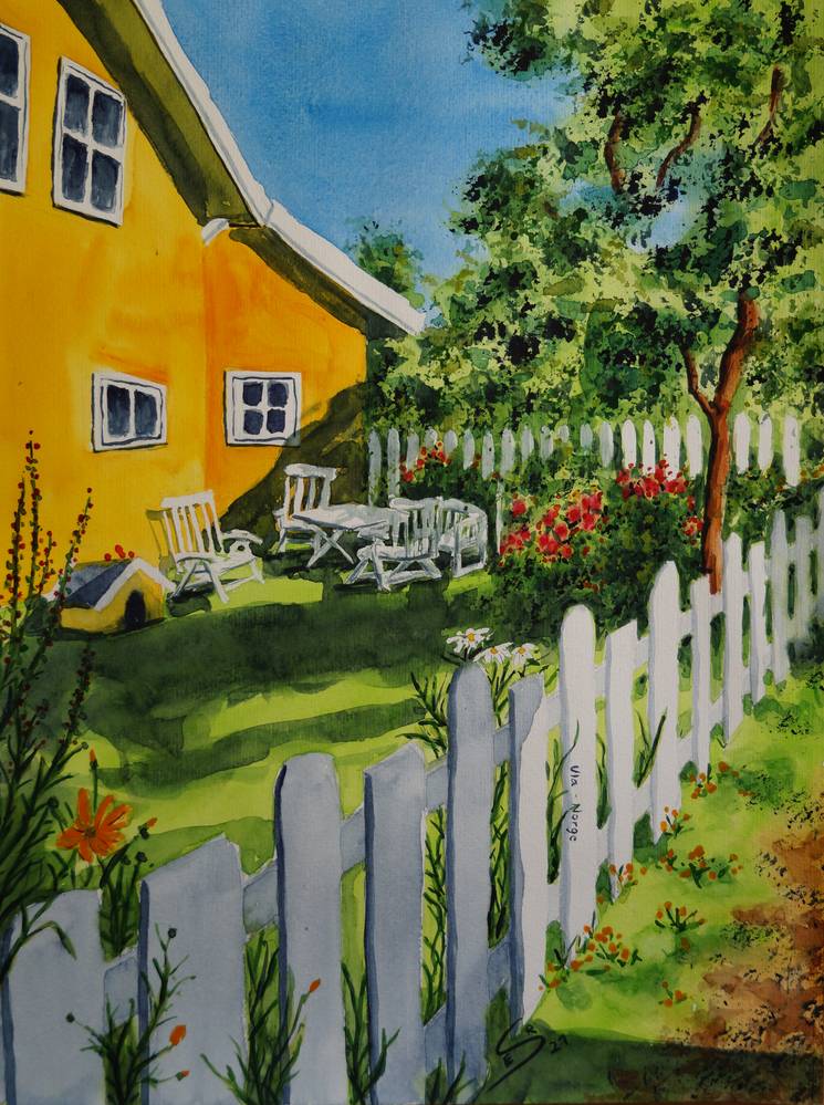 Garten mit gelben Haus in Ula, Süd-Norwegen od Eva Seltmann-Reinig